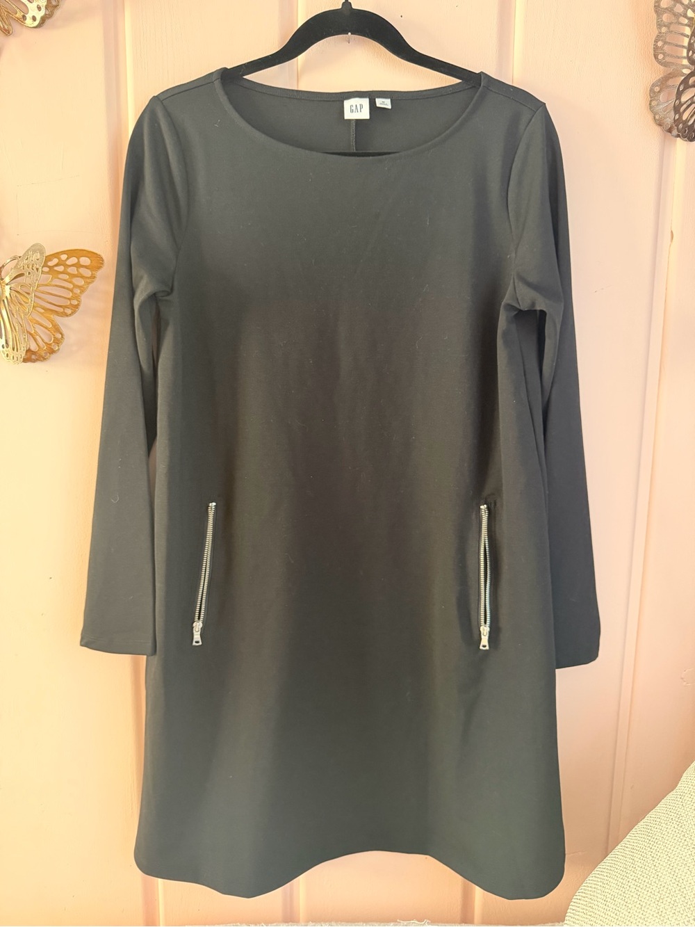 GAP Black Long-Sleeve Shift Dress with Front Zip Pockets SzM